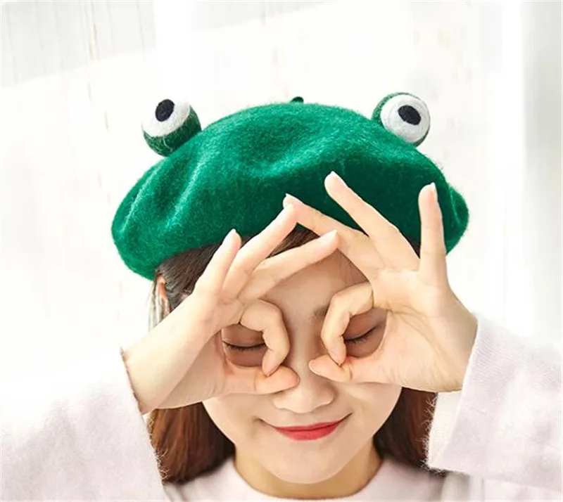 Japan Lolita Vintage Funny Frog Hat Mori Wool Beret Cap Painter Genuine Green